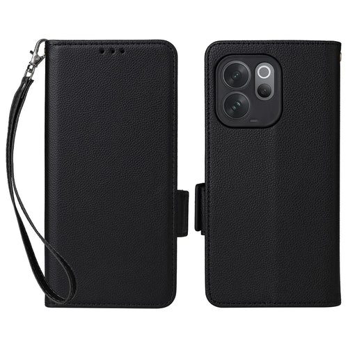 For vivo V70 5G  /  V70 Elite 5G Litchi Texture Wallet Leather Phone Cover with Wrist Strap - Black - 1