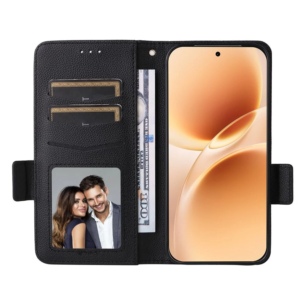 For vivo V70 5G  /  V70 Elite 5G Litchi Texture Wallet Leather Phone Cover with Wrist Strap - Black - 2
