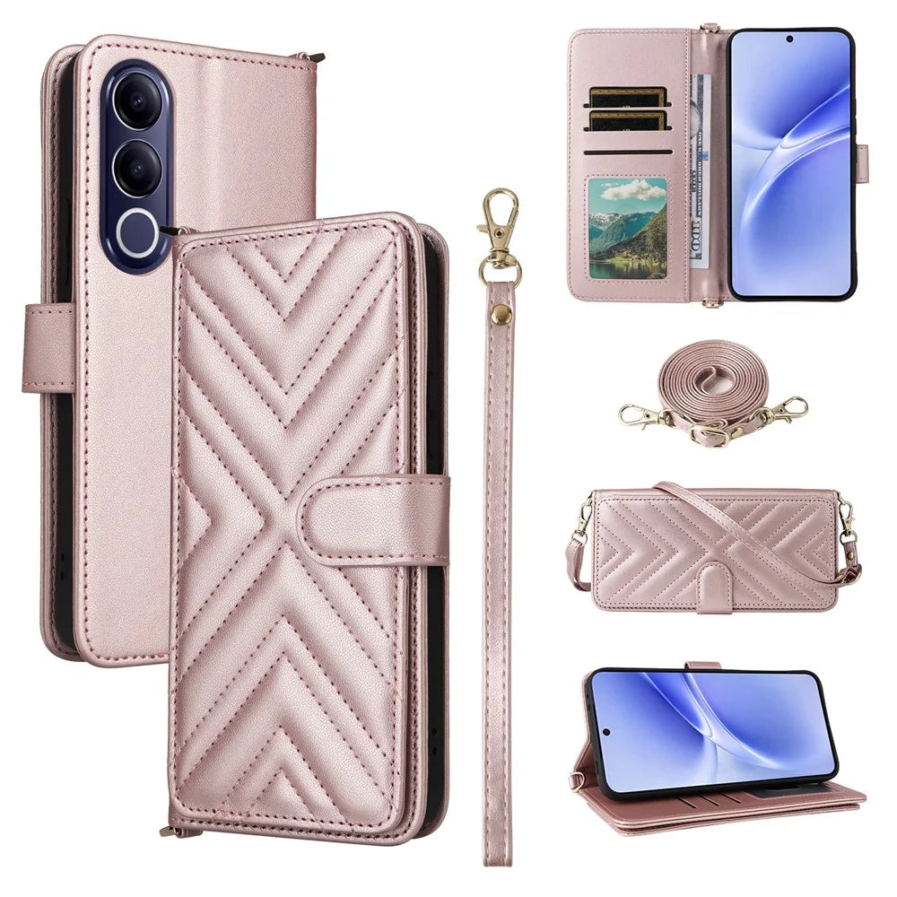 For vivo V70 FE 5G Leather Case Stand Wallet Phone Cover with Shoulder  /  Wrist Strap - Pink - 1