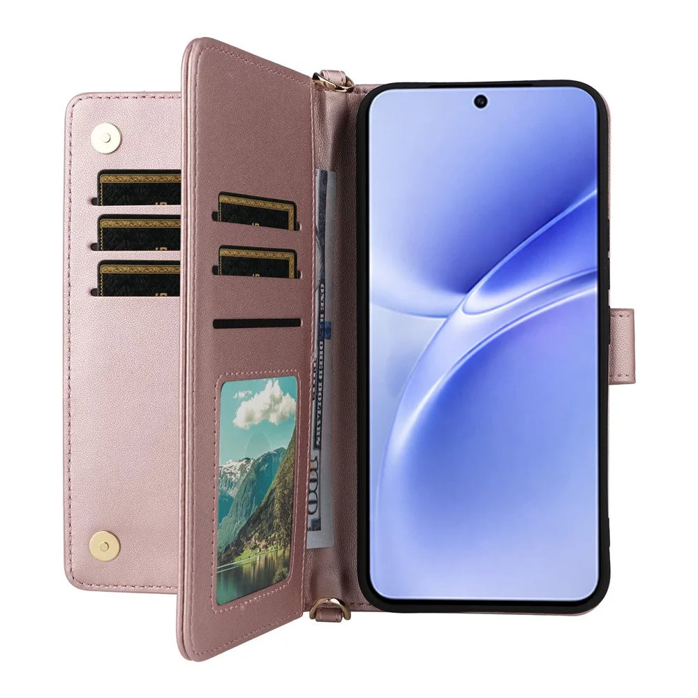 For vivo V70 FE 5G Leather Case Stand Wallet Phone Cover with Shoulder  /  Wrist Strap - Pink - 2