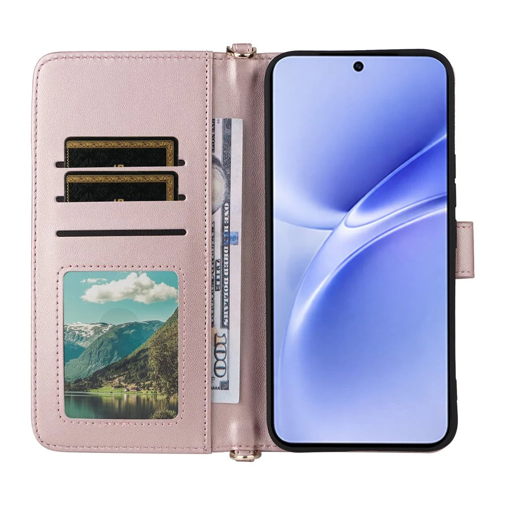 For vivo V70 FE 5G Leather Case Stand Wallet Phone Cover with Shoulder  /  Wrist Strap - Pink - 3