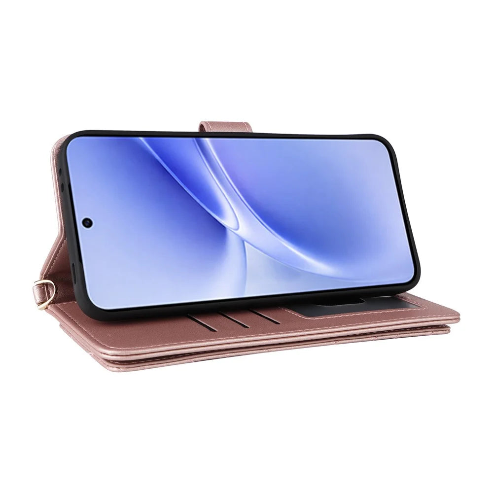 For vivo V70 FE 5G Leather Case Stand Wallet Phone Cover with Shoulder  /  Wrist Strap - Pink - 5