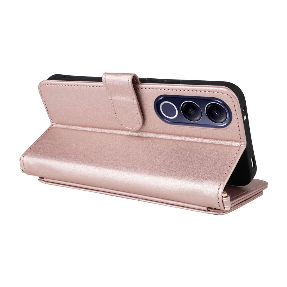 For vivo V70 FE 5G Leather Case Stand Wallet Phone Cover with Shoulder  /  Wrist Strap - Pink - 6