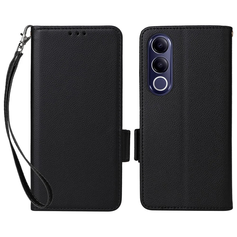 For vivo V70 FE 5G Litchi Texture Wallet Leather Phone Cover with Wrist Strap - Black - 1