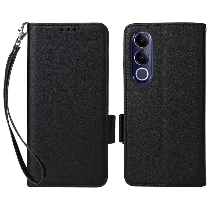For vivo V70 FE 5G Litchi Texture Wallet Leather Phone Cover with Wrist Strap - Black - 1