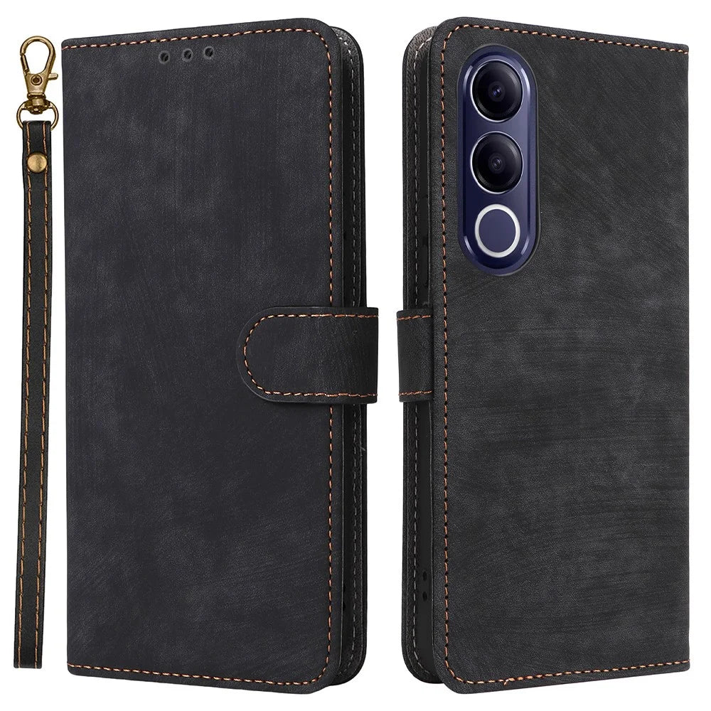 For vivo V70 FE 5G Case Wallet RFID Blocking PU Leather Phone Cover Stand with Strap - Black - 1