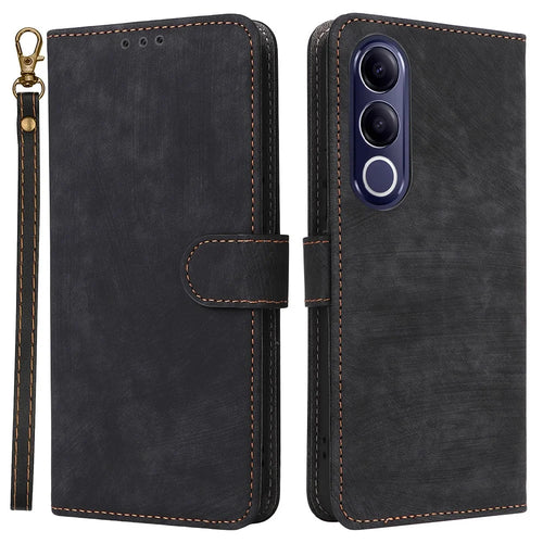 For vivo V70 FE 5G Case Wallet RFID Blocking PU Leather Phone Cover Stand with Strap - Black - 1