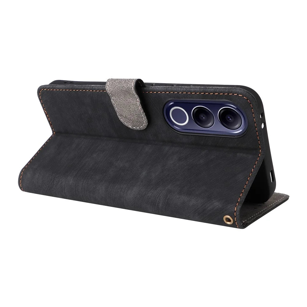 For vivo V70 FE 5G Case Wallet RFID Blocking PU Leather Phone Cover Stand with Strap - Black - 5