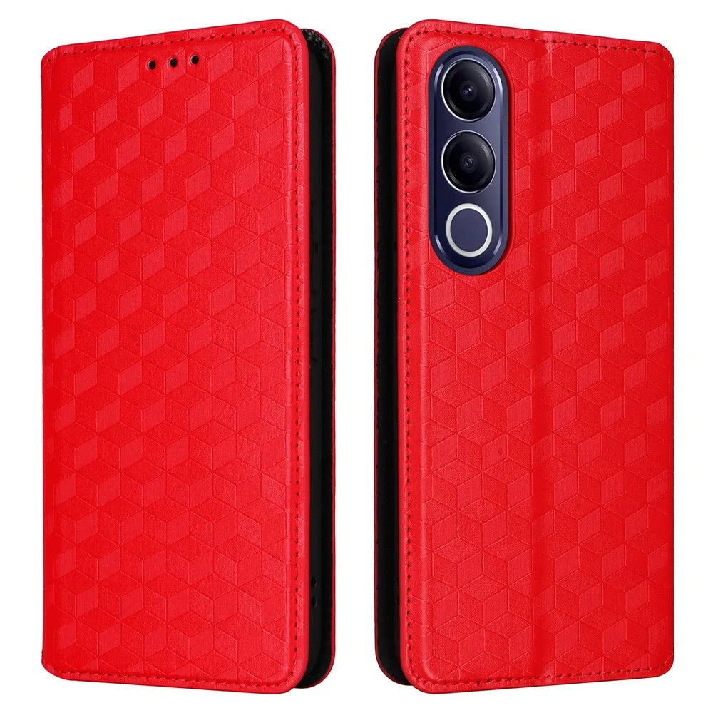 For vivo V70 FE 5G Case Wallet Rhombus Imprinted PU Leather Phone Cover - Red - 1