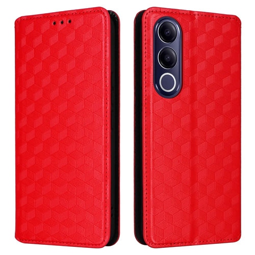 For vivo V70 FE 5G Case Wallet Rhombus Imprinted PU Leather Phone Cover - Red - 1