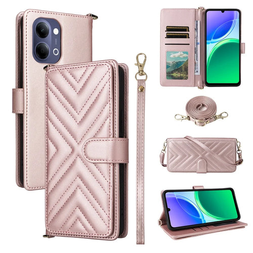 For vivo Y05 4G  /  Y11d 4G  /  Y21 5G (2026) Leather Case Stand Wallet Phone Cover with Shoulder  /  Wrist Strap - Pink - 1
