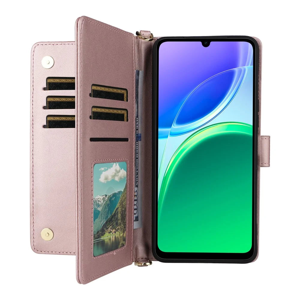 For vivo Y05 4G  /  Y11d 4G  /  Y21 5G (2026) Leather Case Stand Wallet Phone Cover with Shoulder  /  Wrist Strap - Pink - 2