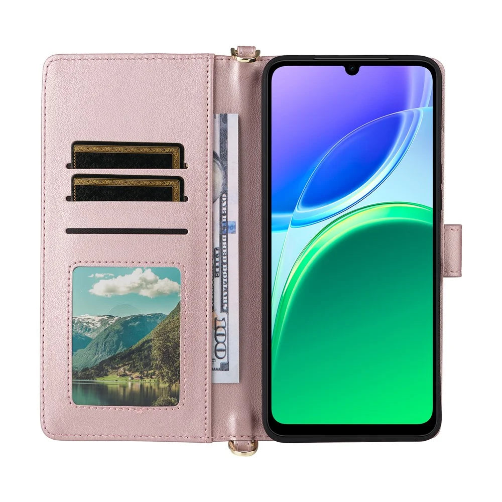 For vivo Y05 4G  /  Y11d 4G  /  Y21 5G (2026) Leather Case Stand Wallet Phone Cover with Shoulder  /  Wrist Strap - Pink - 3