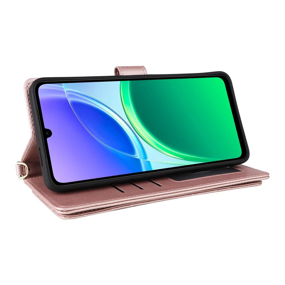 For vivo Y05 4G  /  Y11d 4G  /  Y21 5G (2026) Leather Case Stand Wallet Phone Cover with Shoulder  /  Wrist Strap - Pink - 5