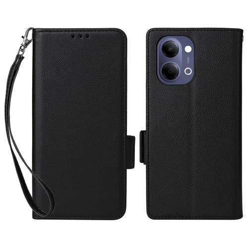 For vivo Y05 4G  /  Y11d 4G  /  Y21 5G (2026) Litchi Texture Wallet Leather Phone Cover with Wrist Strap - Black - 1