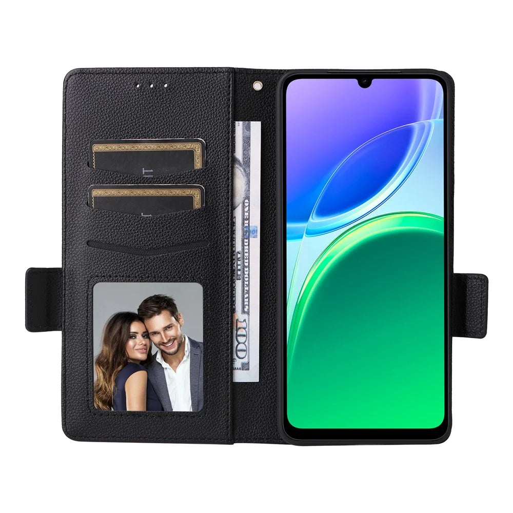 For vivo Y05 4G  /  Y11d 4G  /  Y21 5G (2026) Litchi Texture Wallet Leather Phone Cover with Wrist Strap - Black - 2