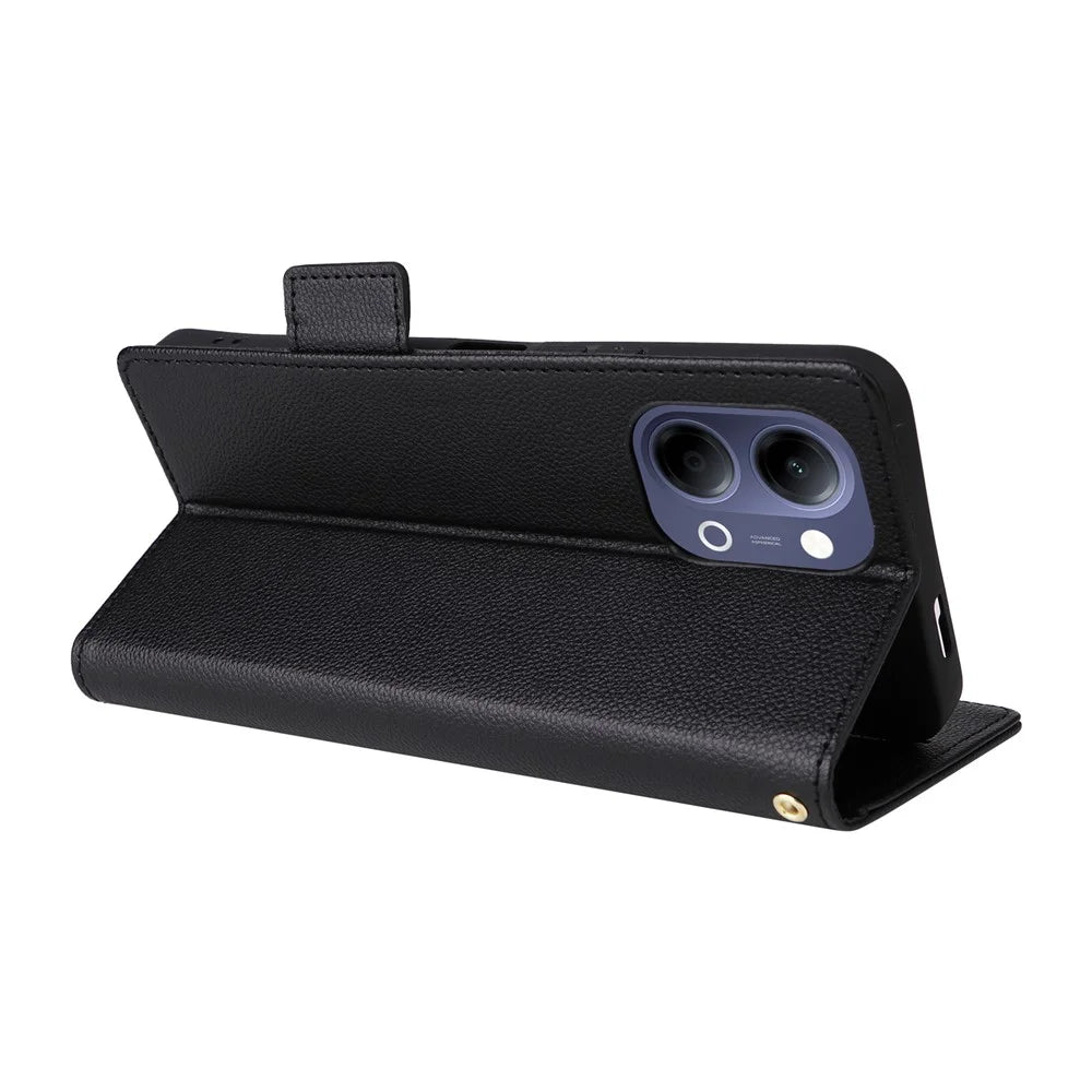 For vivo Y05 4G  /  Y11d 4G  /  Y21 5G (2026) Litchi Texture Wallet Leather Phone Cover with Wrist Strap - Black - 4
