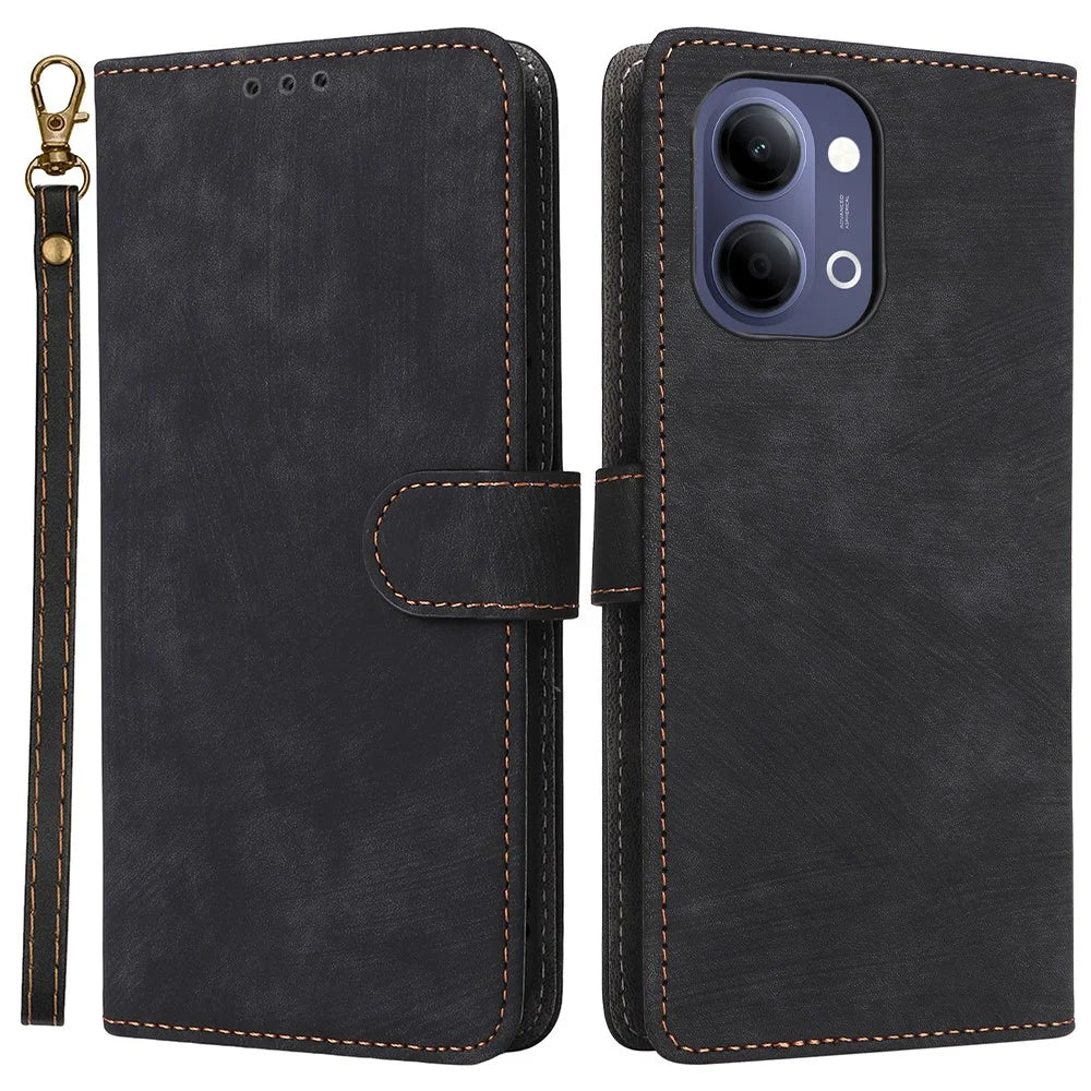 For vivo Y05 4G / Y11d 4G / Y21 5G (2026) Case Wallet RFID Blocking PU Leather Phone Cover Stand with Strap - Black - 1