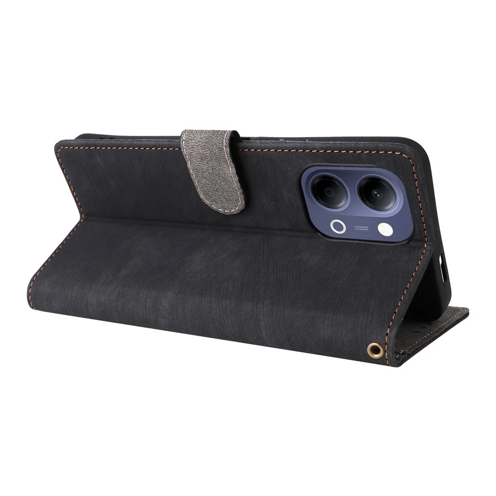 For vivo Y05 4G / Y11d 4G / Y21 5G (2026) Case Wallet RFID Blocking PU Leather Phone Cover Stand with Strap - Black - 5