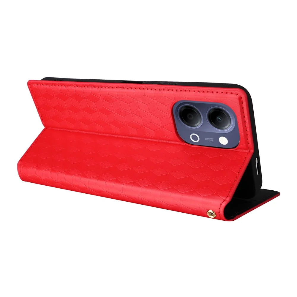 For vivo Y05 4G  /  Y11d 4G  /  Y21 5G (2026) Case Wallet Rhombus Imprinted PU Leather Phone Cover - Red - 5