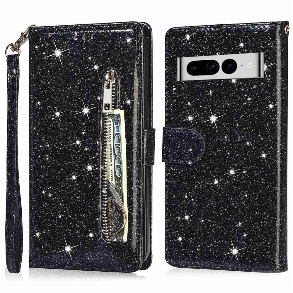 For Google Pixel 7 Pro 5G Zipper Pocket Glittery PU Leather Protective Case Magnetic Clasp Anti-fall Phone Wallet Stand Cover - Black - 1
