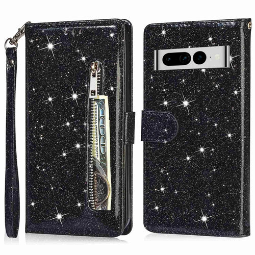 For Google Pixel 7 Pro 5G Zipper Pocket Glittery PU Leather Protective Case Magnetic Clasp Anti-fall Phone Wallet Stand Cover - Black - 1