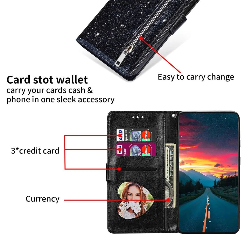 For Google Pixel 7 Pro 5G Zipper Pocket Glittery PU Leather Protective Case Magnetic Clasp Anti-fall Phone Wallet Stand Cover - Black - 4