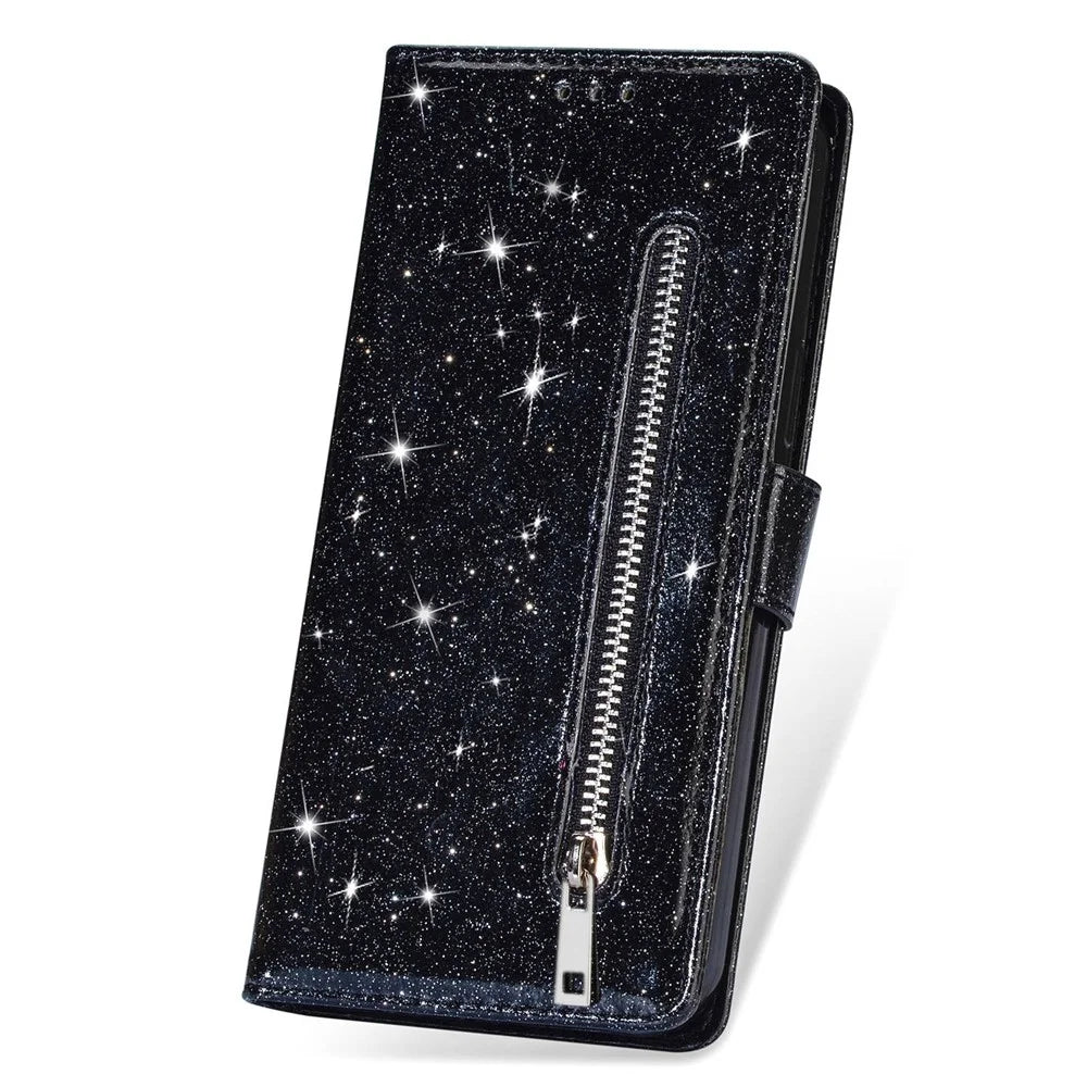 For Google Pixel 7 Pro 5G Zipper Pocket Glittery PU Leather Protective Case Magnetic Clasp Anti-fall Phone Wallet Stand Cover - Black - 6