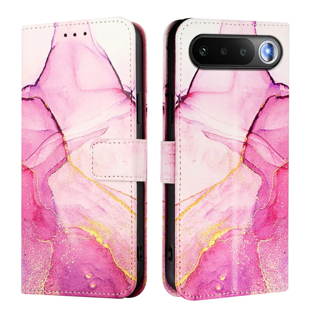 For Realme 16 5G Case with Strap Marble Pattern Leather Phone Cover Card Holder - Pink / Purple / Gold LS001 - 1