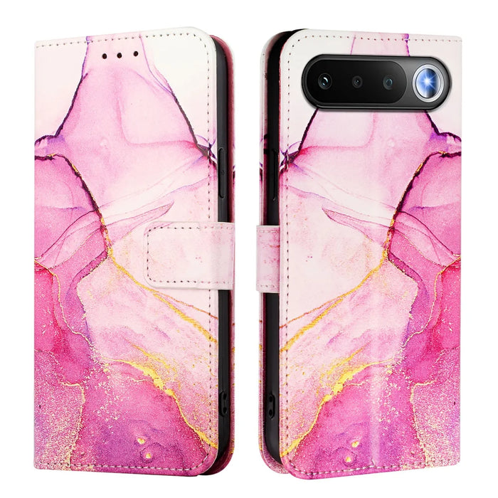 For Realme 16 5G Case with Strap Marble Pattern Leather Phone Cover Card Holder - Pink / Purple / Gold LS001 - 1