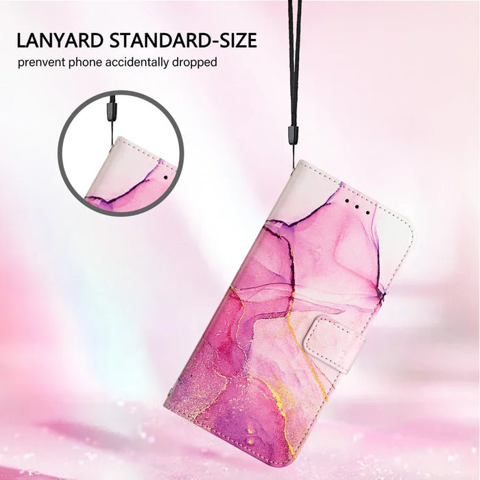 For Realme 16 5G Case with Strap Marble Pattern Leather Phone Cover Card Holder - Pink / Purple / Gold LS001 - 6