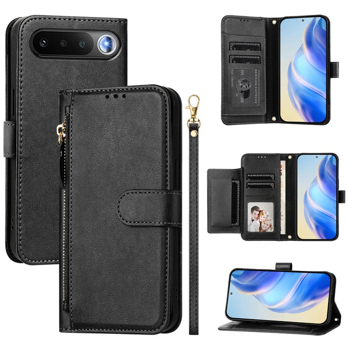 For Realme 16 5G Case Zipper Pocket Multiple Card Slots Leather Phone Cover - Black - 1