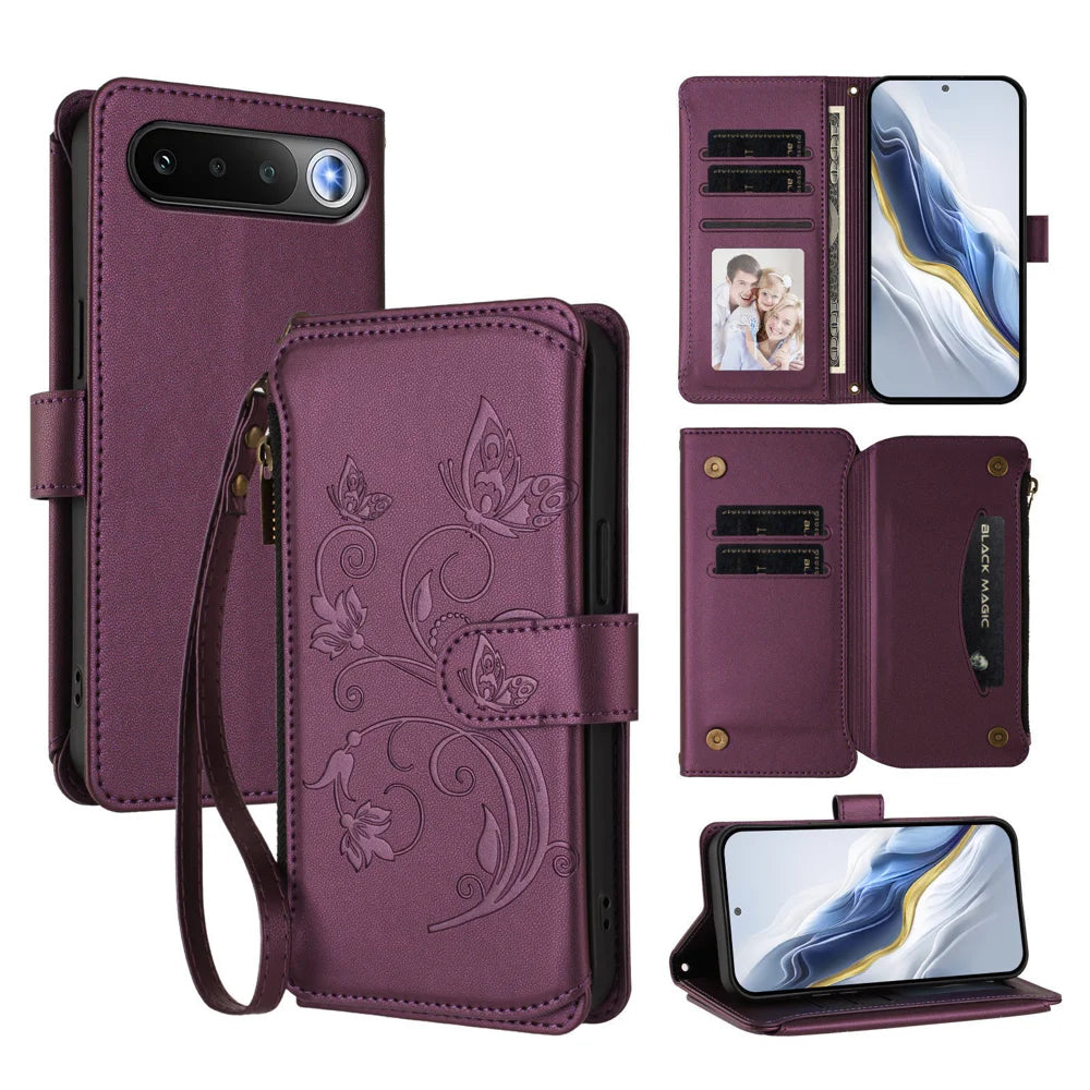 For Realme 16 5G Leather Case Butterfly Floral Imprint Zipper Wallet Stand Cover with Wrist Strap - Purple - 1
