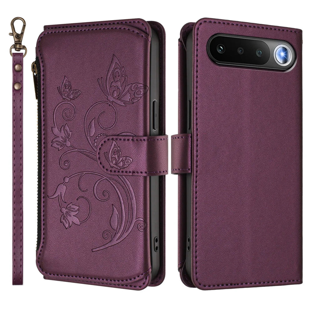 For Realme 16 5G Leather Case Butterfly Floral Imprint Zipper Wallet Stand Cover with Wrist Strap - Purple - 2