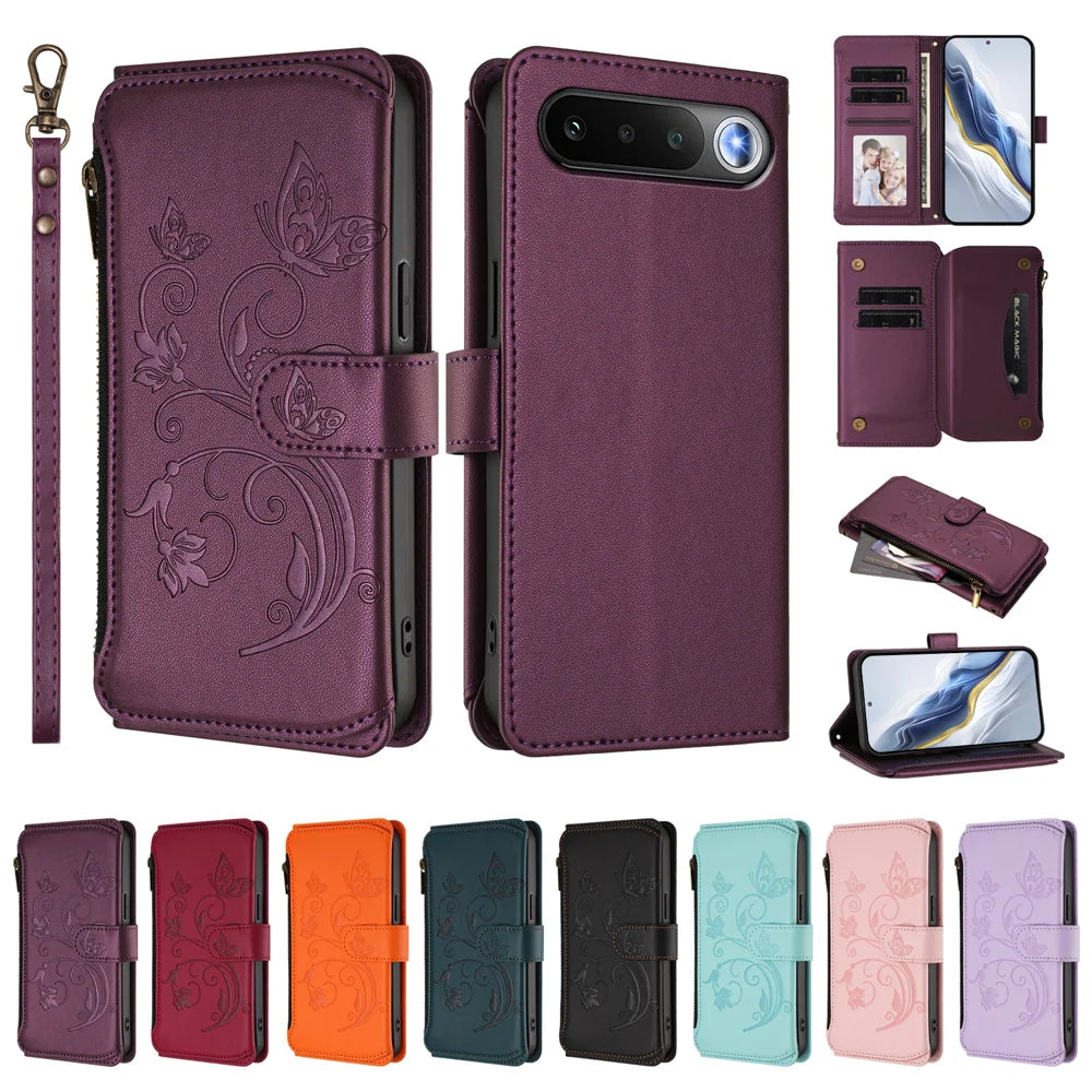 For Realme 16 5G Leather Case Butterfly Floral Imprint Zipper Wallet Stand Cover with Wrist Strap - Purple - 3