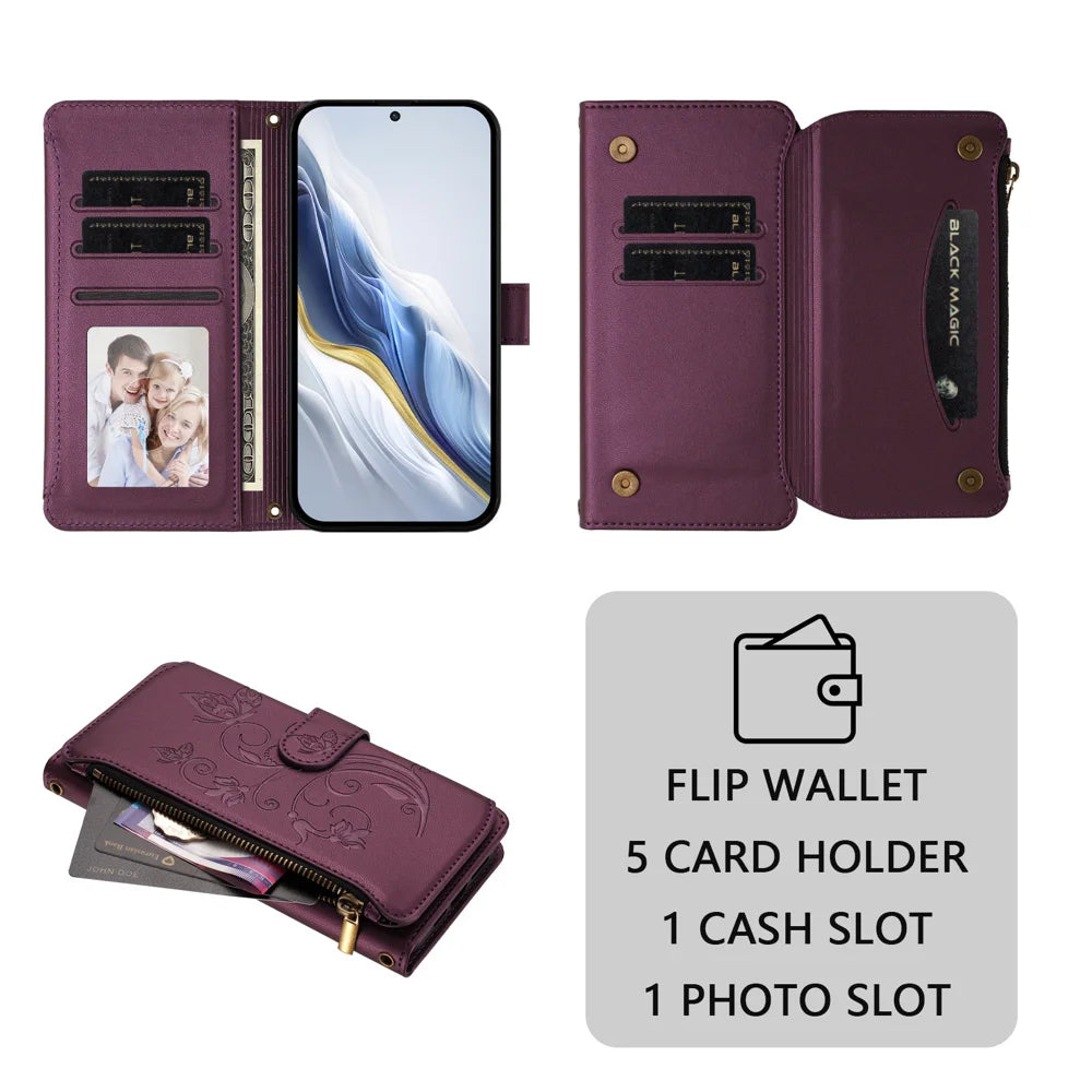 For Realme 16 5G Leather Case Butterfly Floral Imprint Zipper Wallet Stand Cover with Wrist Strap - Purple - 7