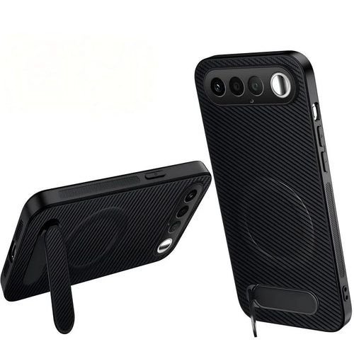 WANLONFENG For Realme 16 5G QT Series Magnetic Case Kickstand Carbon Fiber Texture PC TPU Phone Cover - Black - 1