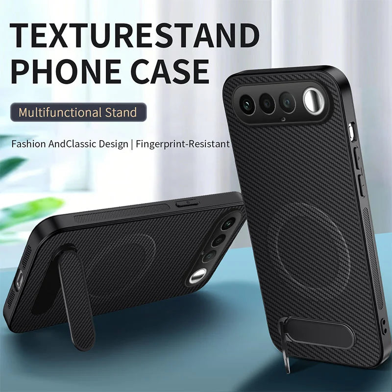 WANLONFENG For Realme 16 5G QT Series Magnetic Case Kickstand Carbon Fiber Texture PC TPU Phone Cover - Black - 2