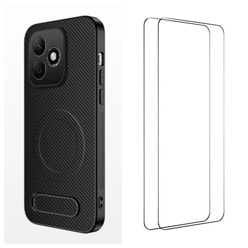 WANLONFENG For Honor 600 Lite 5G QT1 Series Magnetic Case with 2Pcs Tempered Glass Films Kickstand Carbon Fiber Texture PC TPU Phone Cover - Black - 1