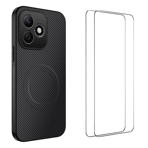 WANLONFENG For Honor 600 Lite 5G TQ1 Series Magnetic Case Carbon Fiber Texture PC TPU Phone Cover with 2Pcs Screen Films - Black - 1