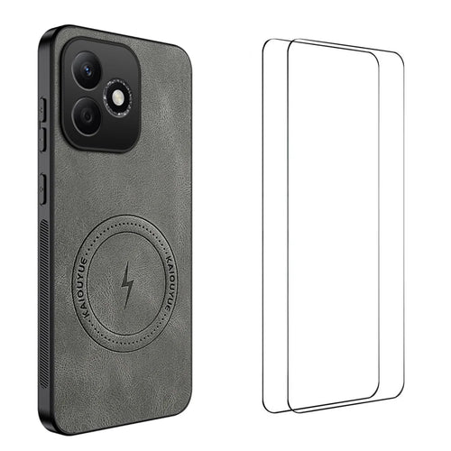 WANLONFENG For Honor 600 Lite 5G SD Series Magnetic Case Nappa Texture PC TPU Phone Cover with 2Pcs Screen Film - Grey - 1