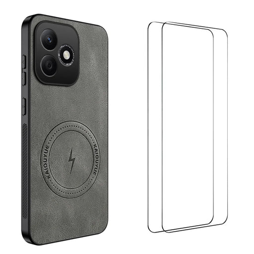 WANLONFENG For Honor 600 Lite 5G SD Series Magnetic Case Nappa Texture PC TPU Phone Cover with 2Pcs Screen Film - Grey - 1