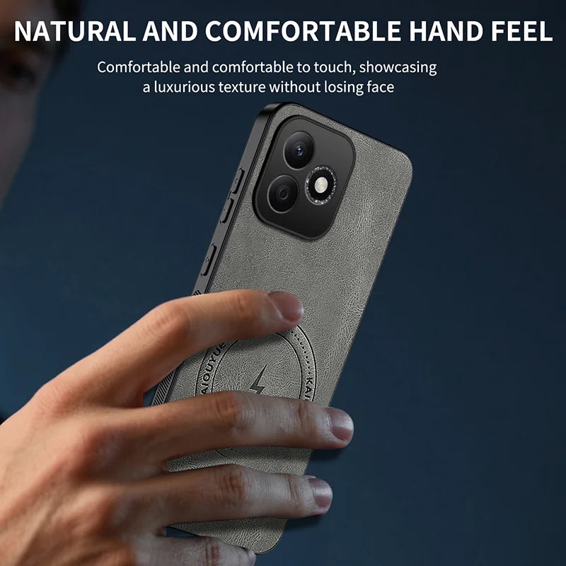 WANLONFENG For Honor 600 Lite 5G SD Series Magnetic Case Nappa Texture PC TPU Phone Cover with 2Pcs Screen Film - Grey - 5