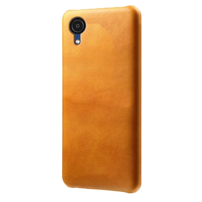 For Samsung Galaxy A23e Calf Textured PU Leather Coated PC Protective Cover Shockproof Phone Back Case - Orange - 1