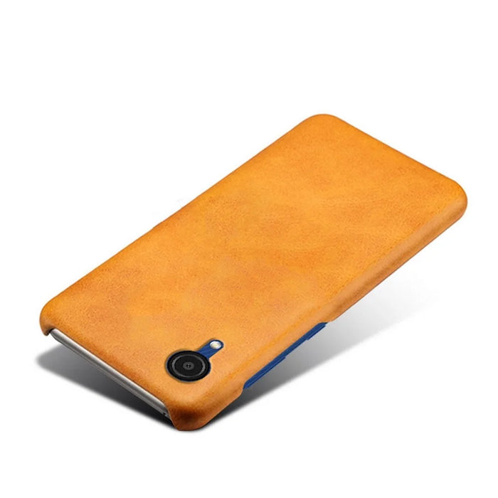 For Samsung Galaxy A23e Calf Textured PU Leather Coated PC Protective Cover Shockproof Phone Back Case - Orange - 3