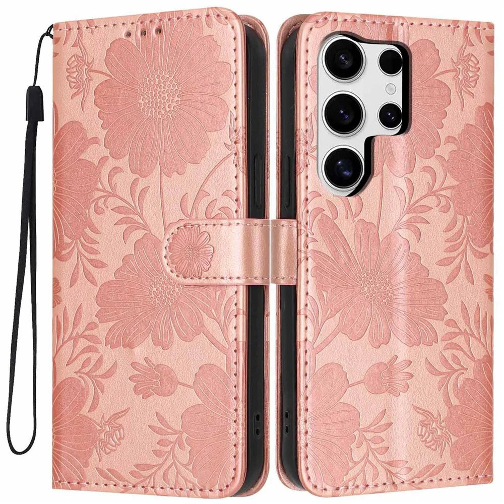For Samsung Galaxy S25 Ultra Wallet Case Imprint Floral PU Leather Stand Flip Phone Cover with Wrist Strap - Rose Gold - 1