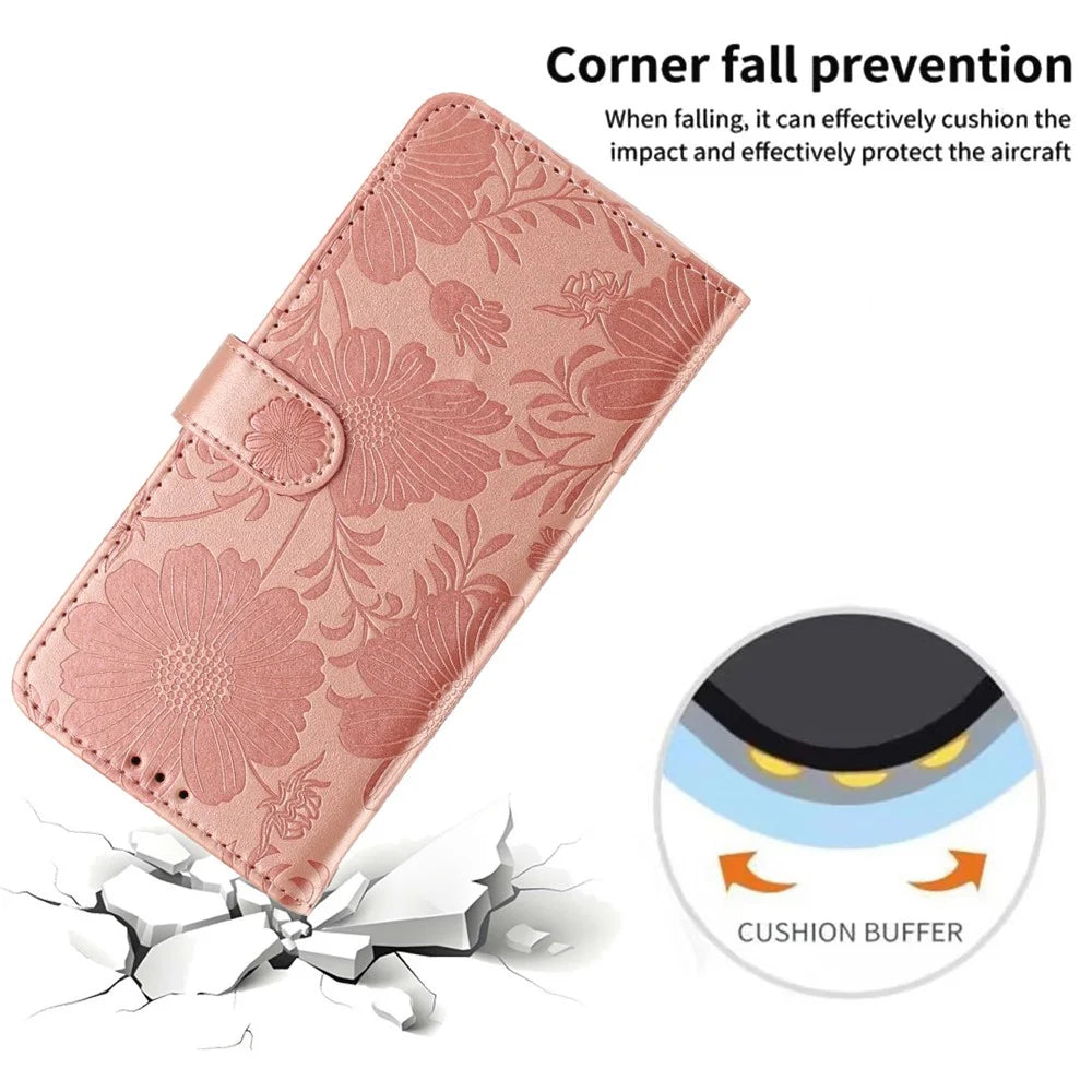 For Samsung Galaxy A34 5G Wallet Case Imprint Floral PU Leather Stand Flip Phone Cover with Wrist Strap - Rose Gold - 6