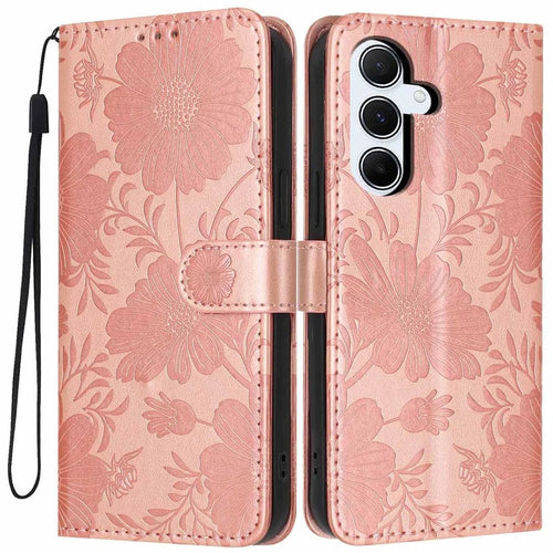 For Samsung Galaxy A54 5G Wallet Case Imprint Floral PU Leather Stand Flip Phone Cover with Wrist Strap - Rose Gold - 1