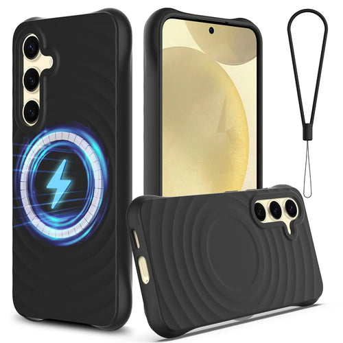 For Samsung Galaxy S26 Magnetic Case Ripple Texture Liquid Silicone Protective Cover with Strap - Black - 1