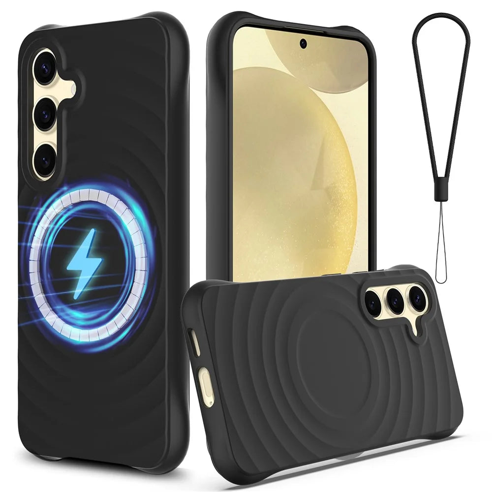 For Samsung Galaxy S26+ Magnetic Case Ripple Texture Liquid Silicone Protective Cover with Strap - Black - 1